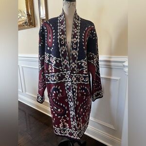 Aztec, Heather Navy/Burgundy/Ivory Paisley Open Front Car Coat Knit Cardigan